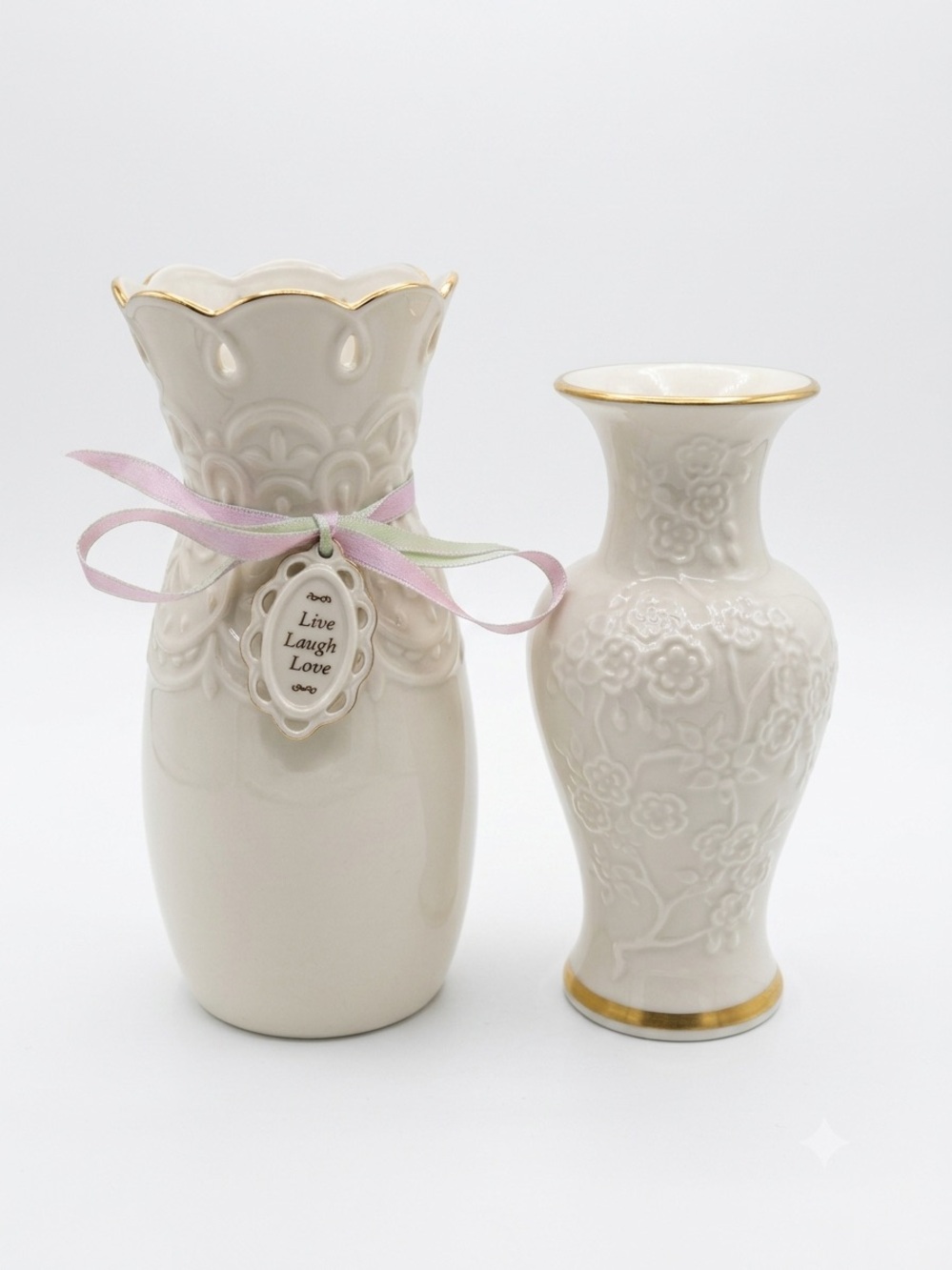 Bundle of 2 Lenox bud vases raised floral design- cherry blossom